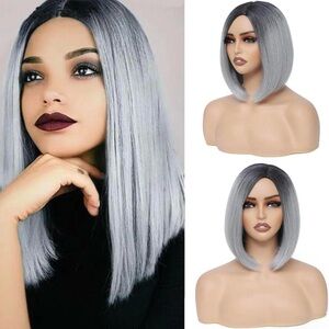Human hair blend grey side part wig